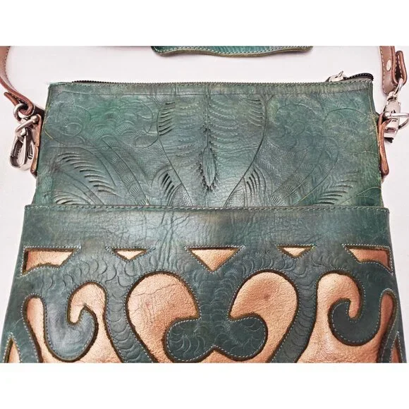 Leaders in Leather Skinny Crossbody Shoulder Bag Tote Cutout Tooled Leather - Picture 6 of 11